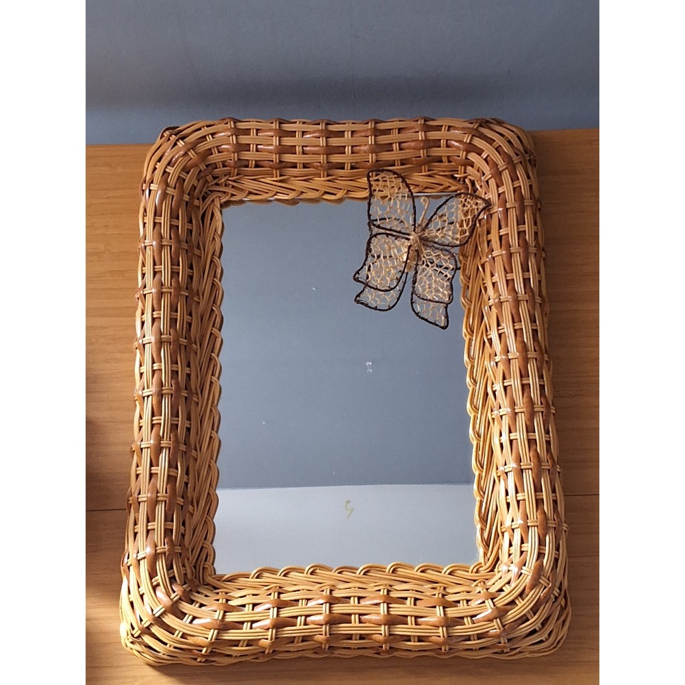 Vintage Wicker Wall Mirror Rectangular Boho Butterfly Accent Honey Rattan 12x16"